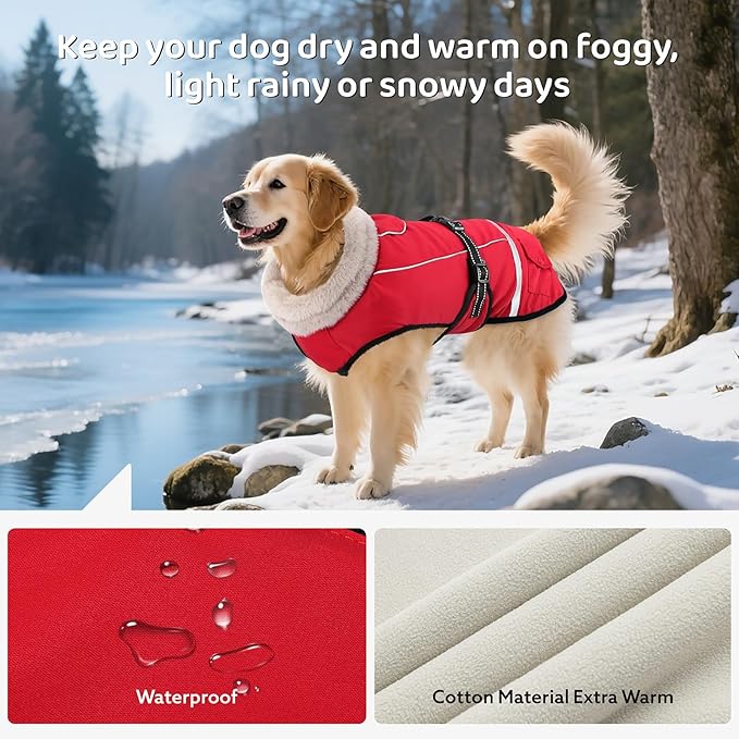 Dog Coat, Warm Dog Winter Coat Reflective Jacket Waterproof Fleece Vest, Pet Jacket Cozy for Cold Weather, Dogs Snowsuit Windproof, Adjustable Buckle for Large Dogs