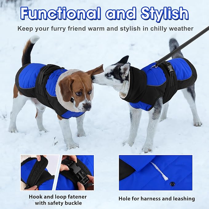 Dogcheer Waterproof Dog Coat, Christmas Dog Winter Jacket, Adjustable Puppy Fleece Coat for Cold Weather, Reflective Turtleneck Snow Jacket for Small Medium Large Dogs - Blue, L