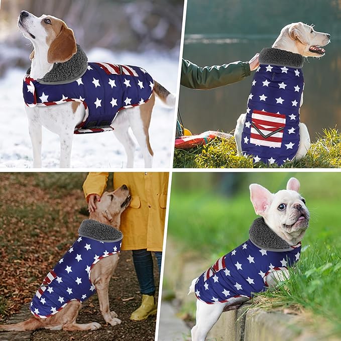 Dog Coat, Waterproof Dog Winter Jacket with Pocket, Reflective Adjustable Pet Snow Vest, Warm Cozy Fleece Sweater for Small Medium Extra Large Dogs - American Flag, XS