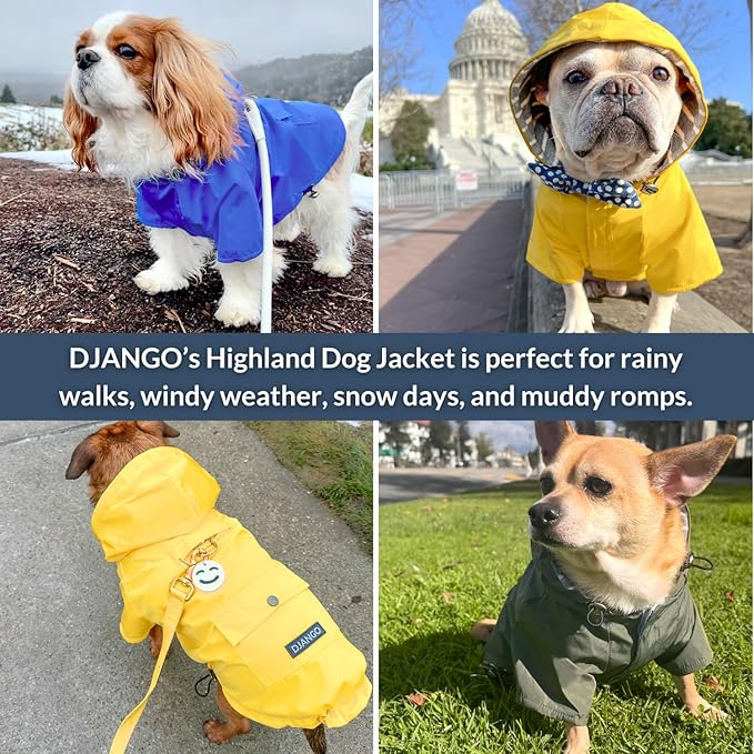 DJANGO Highland Dog Jacket & Raincoat – Water-Repellent, Lined Dog Coat with Hood, Adjustable Fit & Harness Hole – Lightweight Rain & Wind Jacket for Small & Medium Dogs up to 30 lbs (Red, Medium)