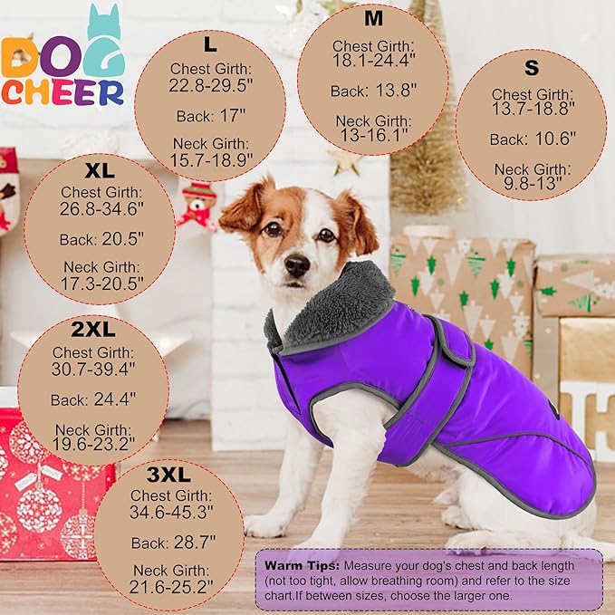 Dogcheer Dog Coat, Waterproof Dog Jacket Reflective Pet Winter Coat with Adjustable Hook & Loop, Christmas Puppy Fleece Jacket Warm Turtleneck Snowsuit for Small Medium Large Dogs - Purple, M