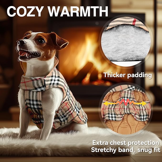 VIVAGLORY Softjoy Dog Coat, Dog Jacket for Winter & Christmas, Coat with Harness Hole & Velcro Closure, Reversible Plaid Checkered Warm Fluffy Heavy Duty for Puppy, L, Khaki