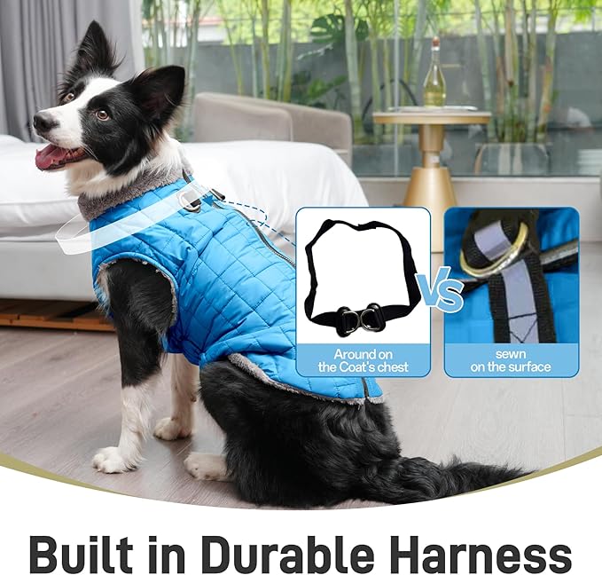 Warm Fleece Dog Coats with Durable Harness Buitl in D-Ring,Waterproof Doggie Jacket for Medium Dogs,Dog Vest for Cold Winter,Light Blue L