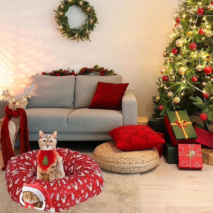Christmas Cat Tunnel Bed for Indoor Cats Under Christmas Tree Skirt Tube with Hanging Ball Plush Cat Cave, Washable Holiday Pet Gift Toy & Gift for Kittens(Elk)