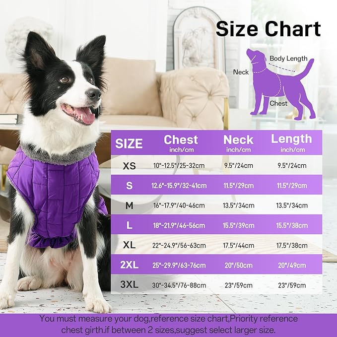 Warm Fleece Dog Coats with Durable Harness Buitl in D-Ring,Waterproof Doggie Jacket for Medium Dogs,Dog Vest for Cold Winter,Purple L