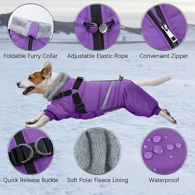 BRKURLEG Purple Dog Coat with Harness, Dog Winter Jacket, Dogs Onesie Body Warm Jackets, Small Dogs Winter Coats Reflective Windproof Warm Cold Weather Coats, Pet Waterproof Jackets, S