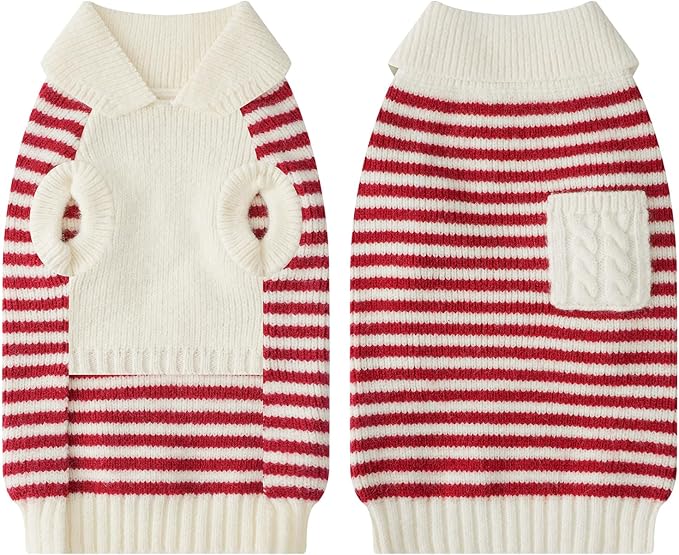 Small Dog Sweater, Knitted Striped Pullover Dog Clothes for Cold Weather, Thick Warm Cozy Stretchy Sweater for Chihuahua, Bulldog, Dachshund, Pug(Red & White Strip, L)