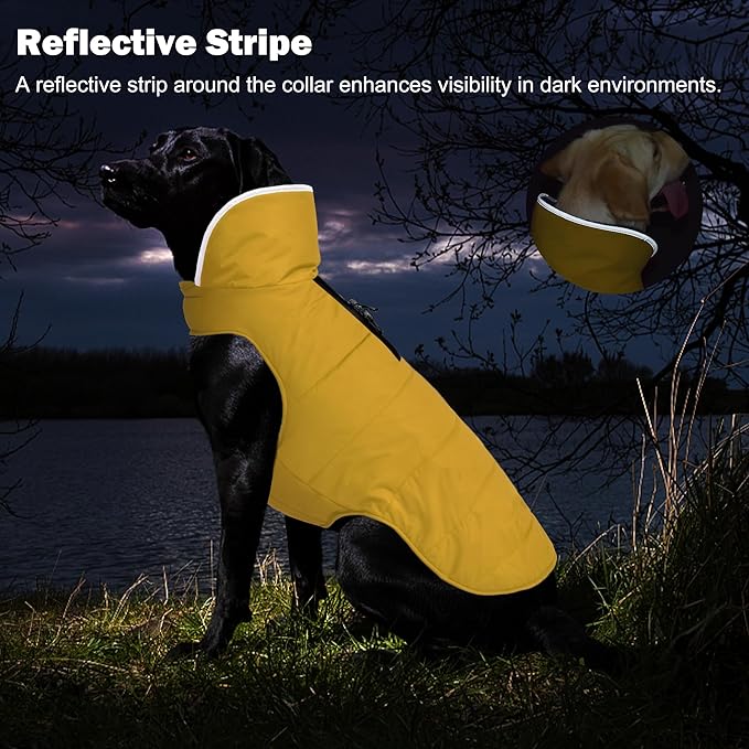 Dog Winter Coat, Waterproof Dog Jacket with Leash Hole, Reflective Adjustable Pet Snow Vest, Warm Fleece Sweater for Small Medium Large Dogs - Yellow, XL