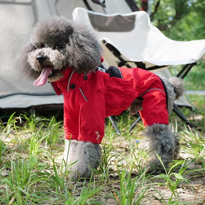 LOVELONGLONG Waterproof Dog Raincoat with Removable Hood – Outdoor Full Body Dog Jacket, Windproof Snowproof Shell Suit – All Season Pet Rain Gear Red XL