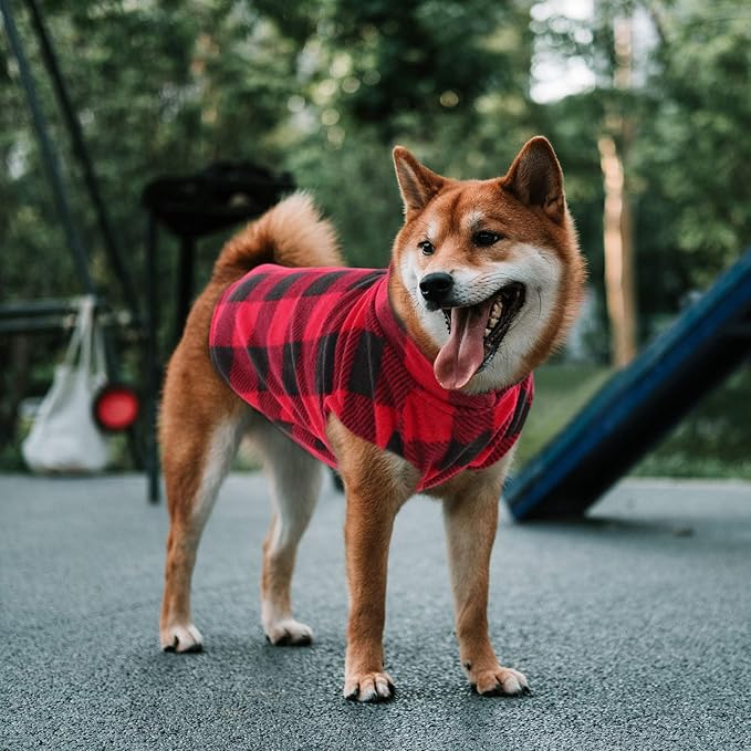 ASENKU Dog Sweater, Plaid Dogs Fleece Vest, Soft Comfortable Pet Pajamas, Warm Winter Puppy Shirt, Cold Weather Coat Jacket Pet Clothes for Small & Medium Dog Breeds, Red, L