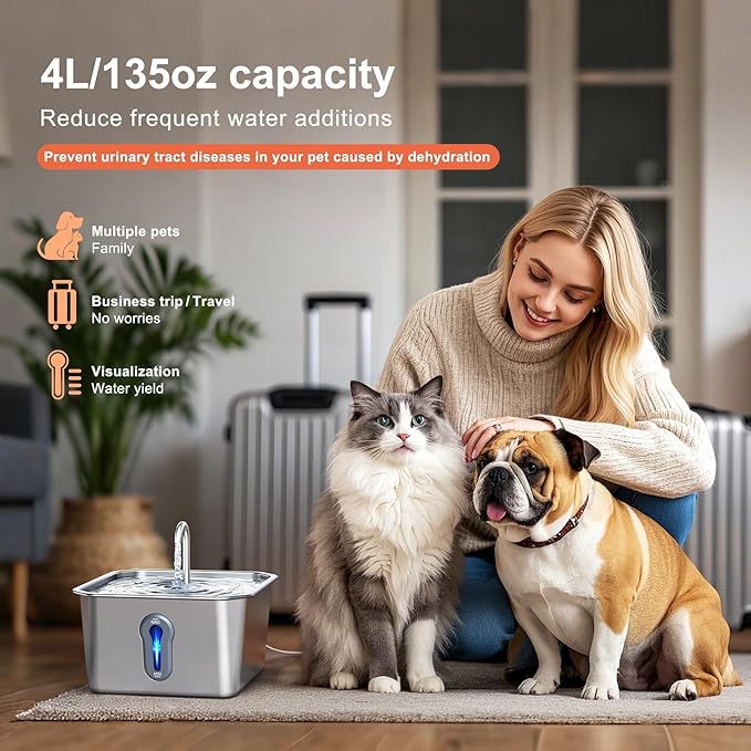 Stainless Steel Cat Water Fountain, 4L/135oz Automatic Circulation pet Water Dispenser, Quiet cat Bowl Water Dispenser, Suitable for Cats, Dogs and Multiple Pets. (Pet Fountain+6 Filters+6 Sponges)