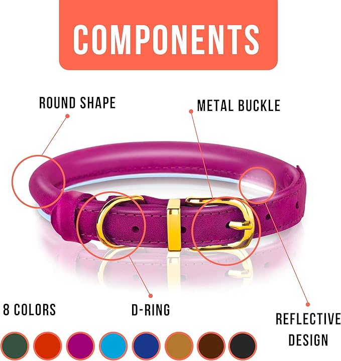OOPSDOGGY Reflective Rolled Leather Dog Collar Adjustable Soft Padded Pet Collar for Small Medium Large Breed Dogs (Pink, XXL, 20"-24")