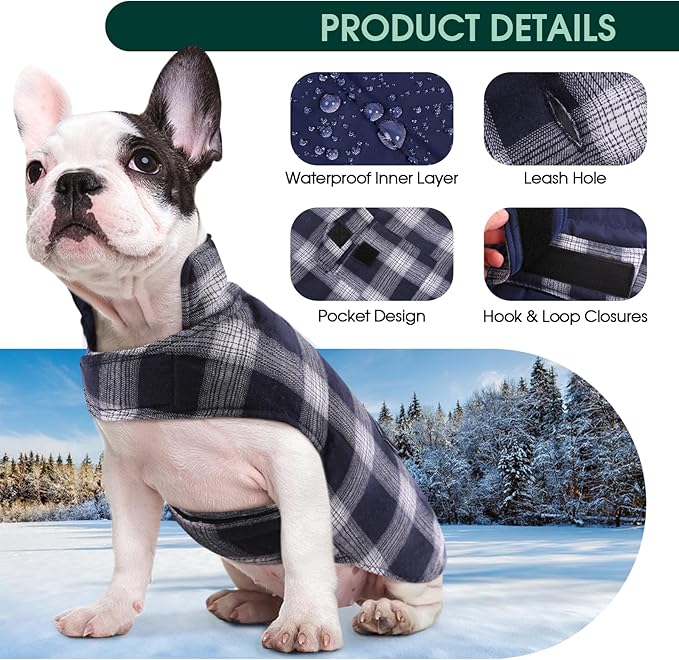 Kuoser Reversible Winter Coat, British Style Jacket for Small Medium Dogs - Warm, Windproof Puppy Cold Weather Vest, Blue M