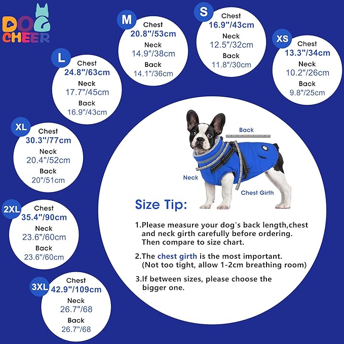 Dogcheer Dog Coat, Waterproof Dog Winter Jacket with Harness, Reflective Adjustable Doggy Cold Weather Coats, Christmas Pet Fleece Snowsuit for Small Medium Large Dogs - Blue, S