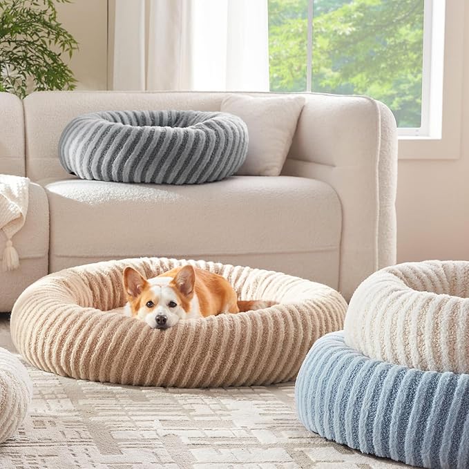 MIXJOY Dog Beds Large Sized Dogs, Washable Dogs Bed with Removable Cover, Cozy Donut Dog Ded Fluffy Plush Faux Fur Pet Bed with Anti-Slip Bottom, 36"x36"x10", Blue