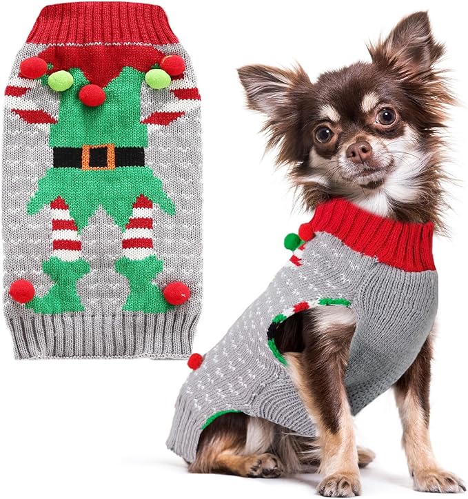 PETCARE Dog Christmas Sweater Ugly Elf Clown Cat Sweater Vest Pet Jumper Grey Green Holiday Dog Clothes Puppy Sweaters for Small Medium Large Dogs Cats Fall Winter Outfits Xmas Dogs Costume,Small
