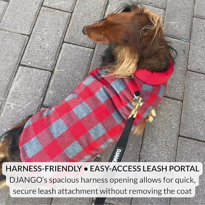 DJANGO Reversible Puffer Dog Coat – Warm Winter Dog Jacket & Water-Repellent Insulated Dog Coat with Harness Hole, Windproof, Adjustable Fit for Small & Medium Dogs, Dachshunds – Lava Red, Medium