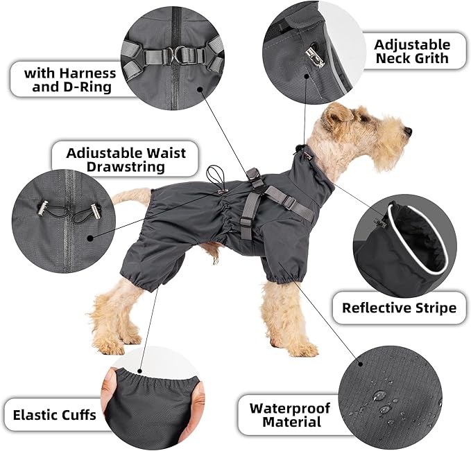 Mile High Life Waterproof Dog Raincoat, Full Coverage Small Dog Rain Coat with Harness, Adjustable 4 Legs Puppy Rain Jacket with Reflective Strip and Elastic Cuffs (Purple, S Back Length 13")