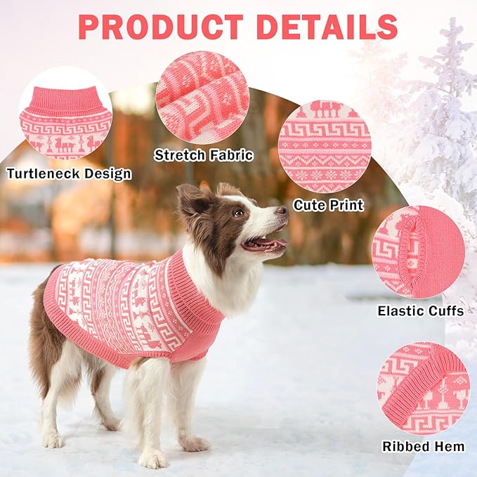 SCENEREAL Turtleneck Dog Sweater for Small Medium Large Dogs Girls Boys, Knit Pet Pullover Puppy Clothes Cold Weather Coats, Holiday Outfits Sweatshirt for Christmas, Pink ML