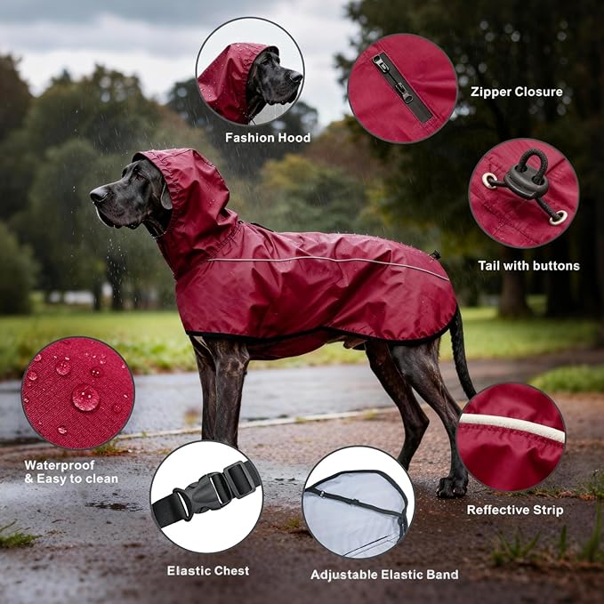 Mosucoirl Dog Raincoat Jacket Reflective Adjustable Hooded Pet Poncho Rain Coats with Leash Hole Waterproof Clothes for Small Medium Large Dogs (Red, L)