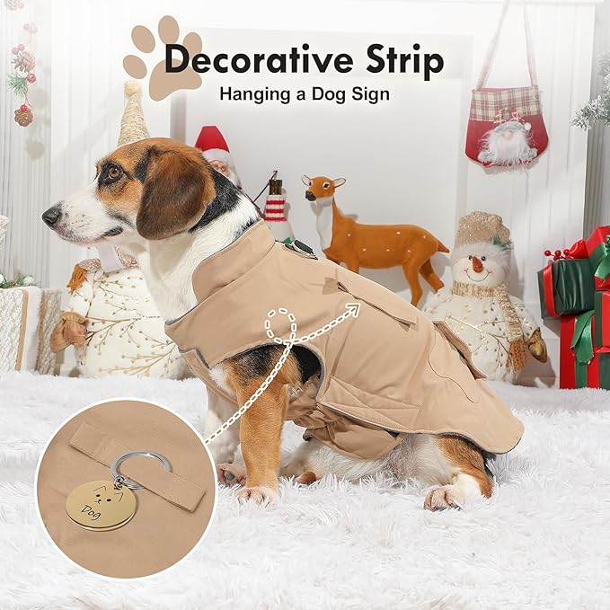 Workwear Style Dog Coats with Harness Built in for Small Dogs Windproof Warm Puppy Jacket with Storage Pockets for Cold Winter,LightBeige XL