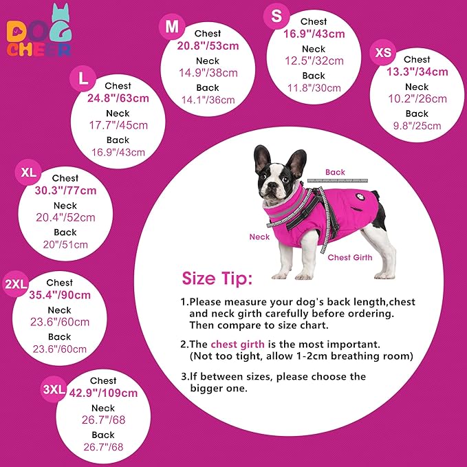 Dogcheer Dog Coat with Harness, Waterproof Dog Jacket Christmas Pet Winter Coat with Pockets, Reflective Doggy Turtleneck Fleece Jacket for Small Medium Large Dogs - Pink, L