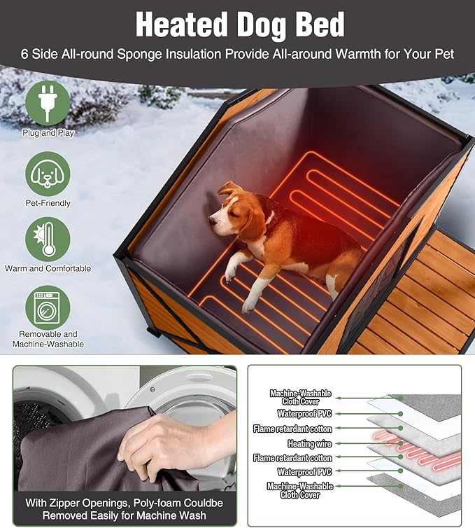 Extra Large Heated Dog House, Outdoor Dog House Insulated for Winter with Heating Pad, Weatherproof Wooden Dog Kennel with Porch, Sturdy Iron Frame & Openable Roof for Easy Cleaning (41.6" L)
