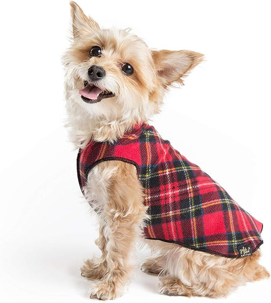 Goldpaw Stretchy Fleece Jacket for Small Dogs - Super Soft, Warm Dog Sweater - Pet Sweater Vest for Fall and Winter - Canine Clothes Made in The USA - Machine Washable - Red Classic Plaid - Size 10