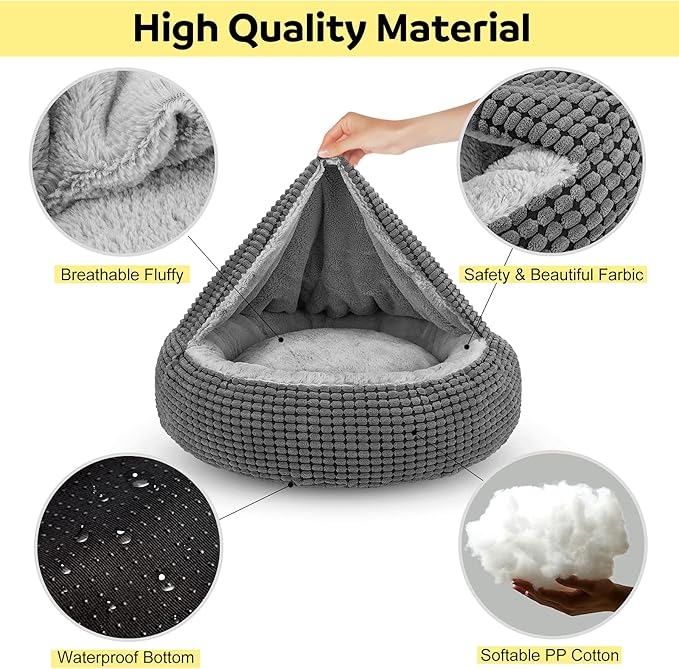 SIWA MARY Small Dog Bed with Attached Blanket, Cozy Donut Cuddler Anti-Anxiety Hooded Pet Beds Calming Cave Bed. Orthopedic Round Puppy Beds for Dogs or Cats Washable, Anti-Slip Bottom, 23inch
