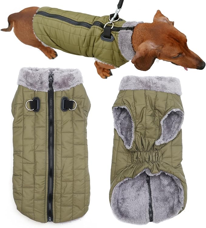 Warm Fleece Dog Coats with Durable Harness Buitl in D-Ring,Waterproof Puppy Jacket for Small Dogs,Dog Vest for Cold Winter,Green S