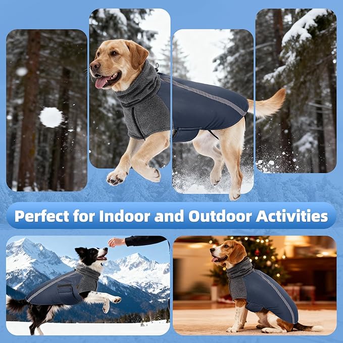SlowTon Winter Dog Coat, Warm Polar Fleece Lining Doggie Outdoor Jacket with Turtleneck Scarf Reflective Stripe Adjustable Waterproof Windproof Puppy Vest Soft Pet Outfits (M,Dark Blue)