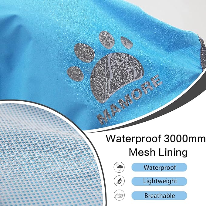 Waterproof Dog Raincoat, Reflective Adjustable Hooded Dog Rain Coat, Lightweight Breathable Pet Rain Jacket Poncho Double Layer with Leash Hole for Small Medium Large Dogs (Blue, X-Large)