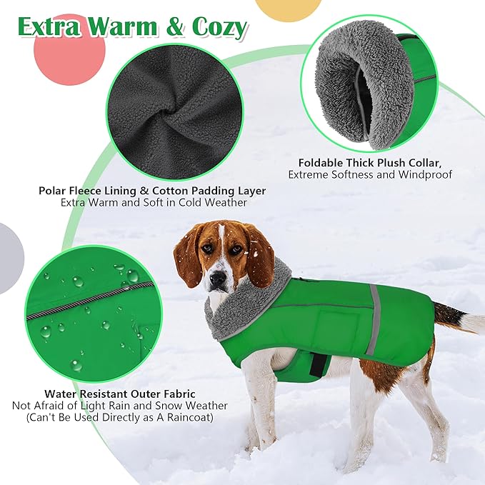 Dogcheer Warm Dog Coat, Waterproof Dog Jacket Christmas Puppy Winter Coat with Buckle, Reflective Adjustable Pet Snow Jacket Turtleneck Fleece Sweater for Small Medium Large Dogs - Green, 2XL