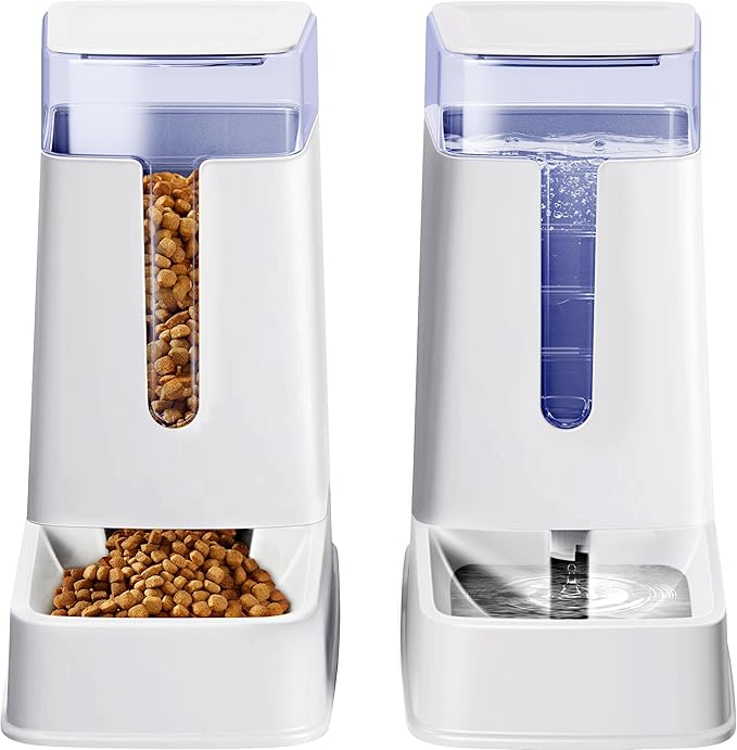 2 Packs Automatic Cat Feeder and Waterer, Gravity Dog Food and Water Dispenser Set for Small Medium Big Pets Cats Dogs Puppy Kitten, 1 Gallon x 2 (White)