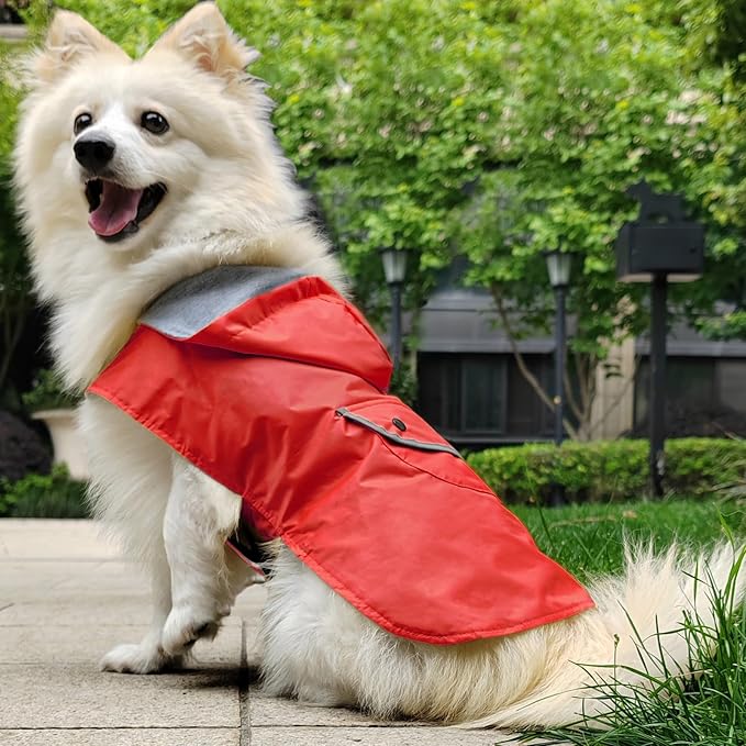 Dog Raincoat Dogs Rain Jacket Reflective Poncho Rainwear Waterproof Pet Clothes Warm Lined Pocket Hooded Leash Hole Adjustable Small Medium Dogs,Red,L,Back Length 12.0 Inch