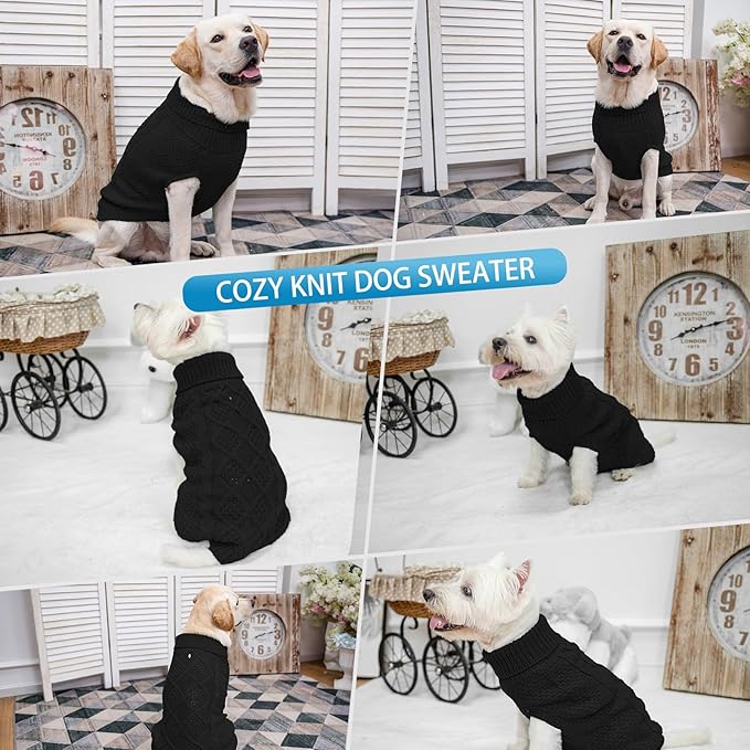 Mihachi Turtleneck Dog Sweater - Winter Coat Apparel Classic Cable Knit Clothes with Leash Hole for Cold Weather, Ideal Gift for Pet in New Year Black Medium/Large