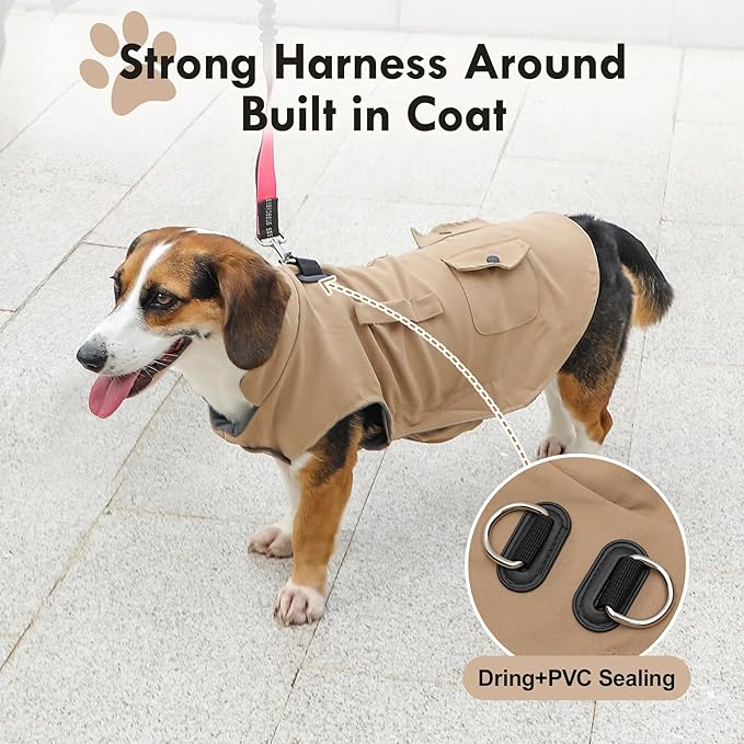 Workwear Style Dog Coats with Harness Built in for Small Dogs Windproof Warm Puppy Jacket with Storage Pockets for Cold Winter,LightBeige XXXL