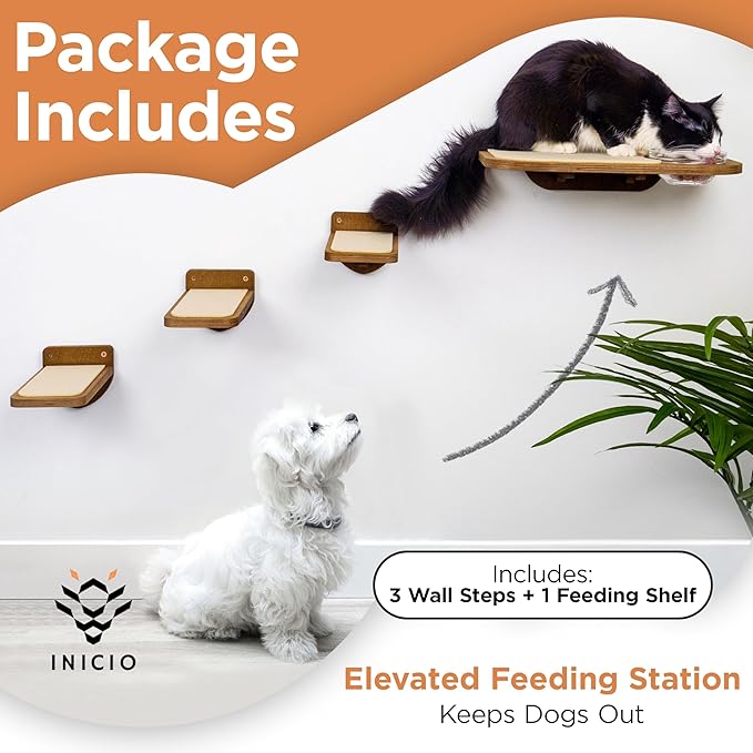 INICIO Cat Wall Shelves – Dog Proof Feeding Station with Wall Mounted Shelves, Durable 3 Step Birch Floating Shelf for Cats Up to 15lbs, Includes Attached Cat Food Bowl for Convenient Feeding – Brown