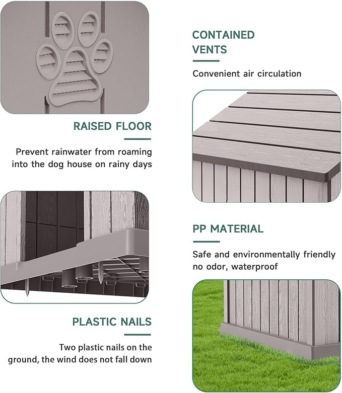 DRATO Indoor Outdoor Waterproof Dog House,PP Material,Puppy Shelter with Air Vents and Elevated Floor,Sturdy Dog Kennel for Small to Large Sized Dogs, Easy to Assemble (Gray, 38.62×36.26×38.07 Inches)