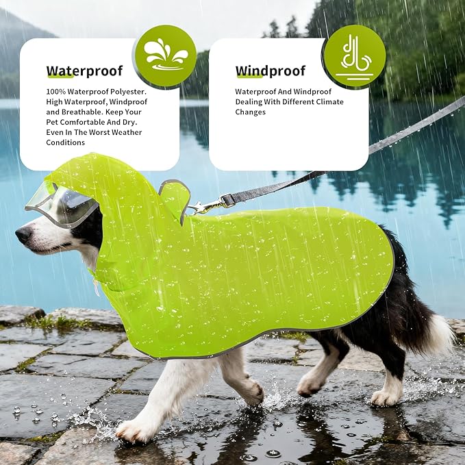 Dog Raincoat, Waterproof Windproof Dog Rain Jacket with Hood, Rain Coat with Leash Hole, Adjustable Raincoat Poncho for Small Medium Large Dogs Outdoor (Neon Yellow, Medium)