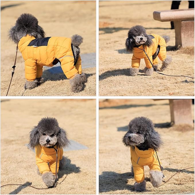 Lovelonglong Dog Coat Dog Warm Jacket, 4 Legs Covered Waterproof Windproof Reflective Warm Dog Vest, Zippered Adjustable Outdoor Dog Snow Jacket for Small Medium Large Dogs Yellow S