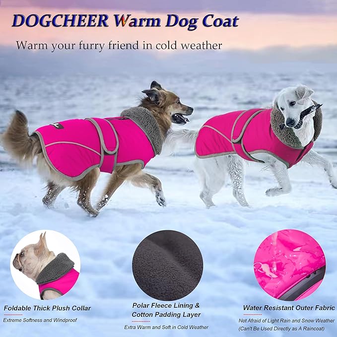 Dogcheer Dog Coat, Waterproof Dog Jacket Reflective Pet Winter Coat with Adjustable Hook & Loop, Christmas Puppy Fleece Jacket Warm Turtleneck Snowsuit for Small Medium Large Dogs - Pink, XL