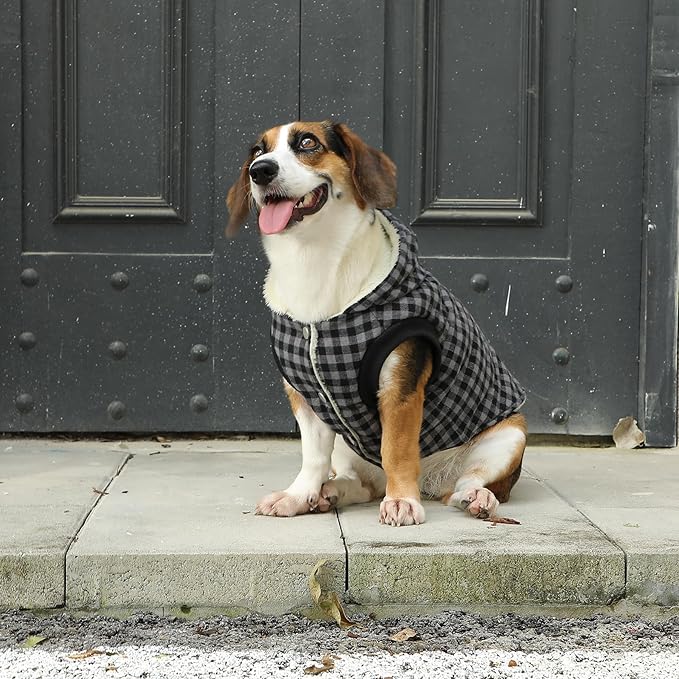 Fleece Lining Dog Hoodie for Medium Dogs Extra Warm Plaid Sweater with Drawstring Hooded Coats in Winter Doggie Jacket,Black L