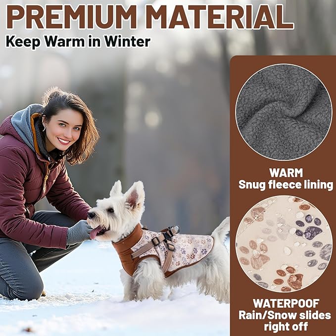 Dog Winter Coat for Small & Medium Dogs (Up to 32lb), Waterproof Dog Coat with Harness, Puppies Windproof Puppy Puffer Jacket, Snowsuit for Dachshund,Frenchie, Corgi (Paw Brown, 2XLarge)