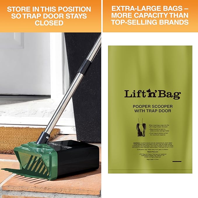 Neater Pet Brands Lift N’ Bag 2.0 Dog Pooper Scooper with Bag Attachment & 27" Pole for Small to Large Dogs, New & Improved Design, 15 Refill Bags, Heavy Duty Dog Poop Scooper for Yard, One-Hand Use