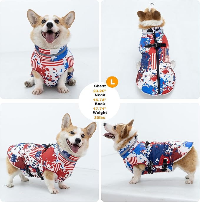 Large Dog Coat with Harness Built-in, Waterproof Reflective Fleece Lined - Warm Windproof Winter Jacket with Back Zipper, Cold Weather Snow Dog Coats - American Flag - 2XL