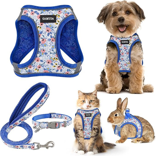 GAMUDA Small Dog Harness Collar and Leash Set, Step in No Chock No Pull Soft Mesh Adjustable Dog Vest Harnesses Plaid Reflective for Dogs Puppy Cats Kitten Rabbit (Blue Flower, XL)