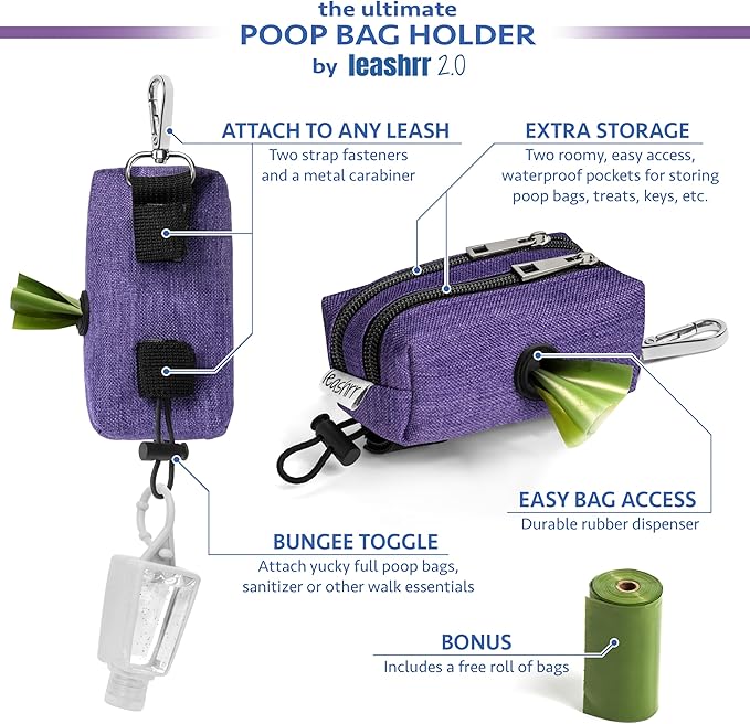 Dog Poop Bag Holder for Leashes - Dog Poop Bag Dispenser and Treat Holder with 2 Waterproof Pouches for Pet Waste Bags and Walking Accessories + 1 Free Roll - Leashrr 2.0 (Blue)