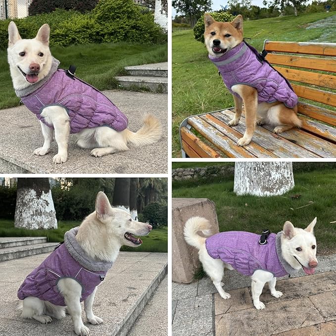 Malier Dog Coat, Reflective Dog Jacket Waterproof Windproof Puppy Cold Weather Coats with Harness Built in, Winter Extra Warm Pet Coat Fleece Vest for Small Large Pets and Puppy (Purple, Large)