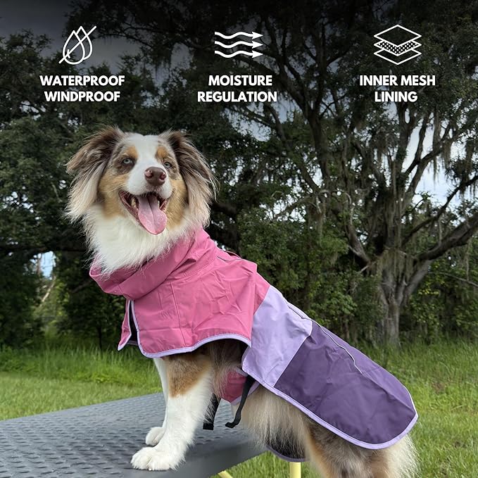 Spark Paws Dog Raincoat, Waterproof Windproof Rain Jacket, for Small Medium Large Extra Large Dogs, Reflective Breathable Full-Body Coverage Dry Suit - Pink Lilac Purple - L